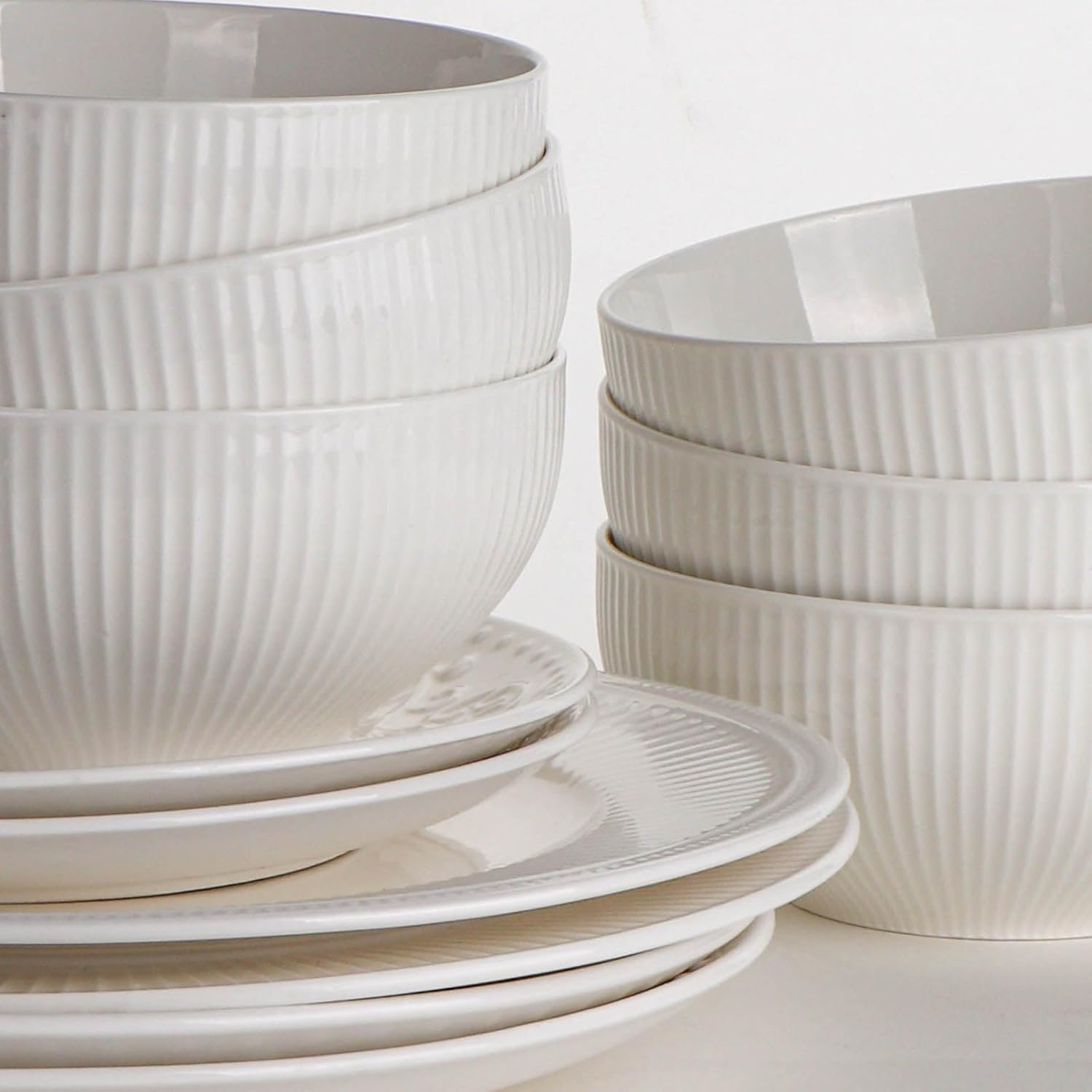 Artena Juego de 6 cuencos de cerámica para cereales de 26 onzas, cuencos de sopa en relieve, cuencos blancos para cocina, cuencos de cena de 6