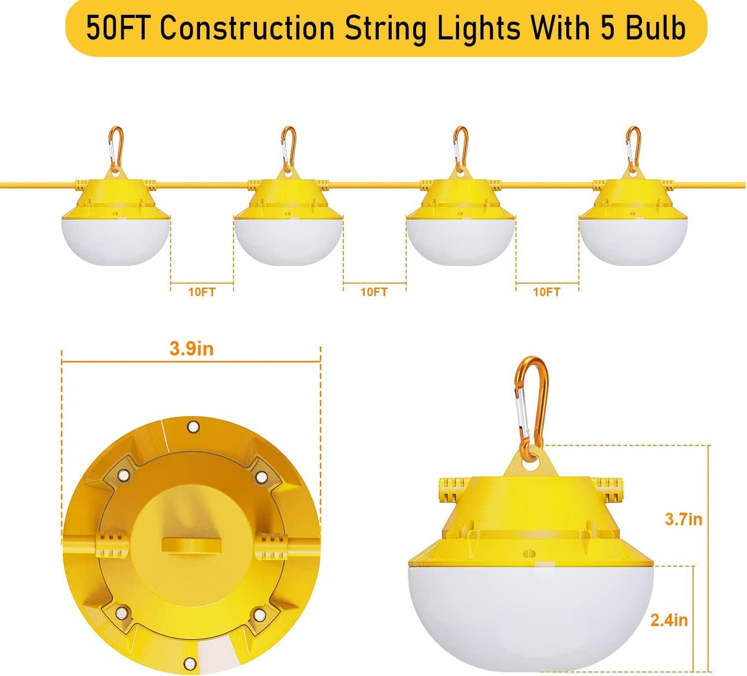 Cadena de luz de construcción de 50 pies, 80 W, 5000 K, brillante, 8000 lúmenes, luces de trabajo para construcción temporal, sitio de trabajo,