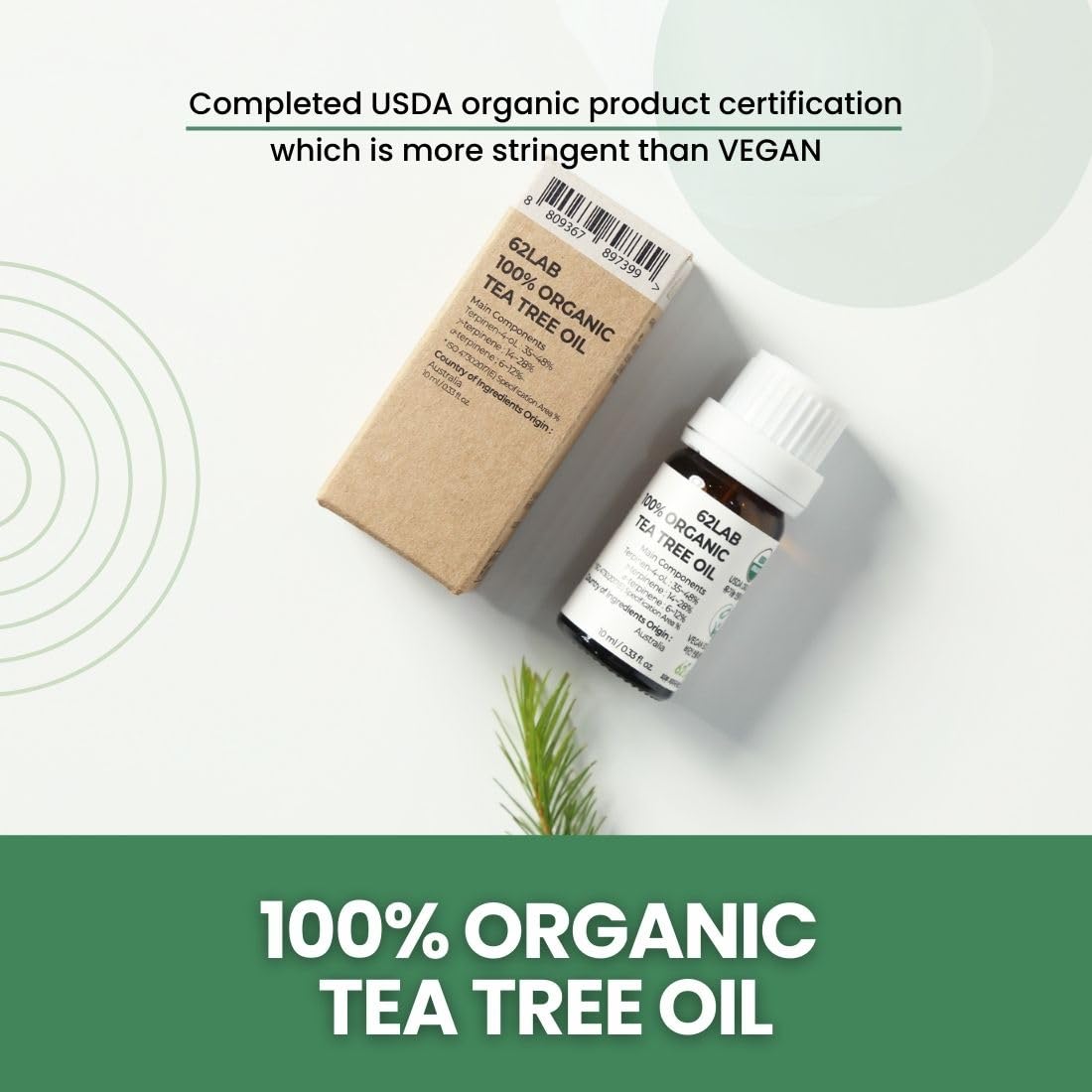 62LAB Aceite de árbol de té 100% orgánico, suero facial vegano para sebo, piel sensible al acné, hoja de árbol de té australiano orgánica 100%