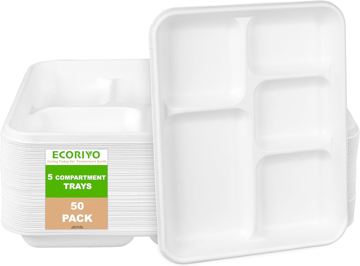 ECORIYO Platos de papel divididos  Paquete de 50 platos desechables resistentes con compartimento  Platos desechables compostables de caña de azúcar