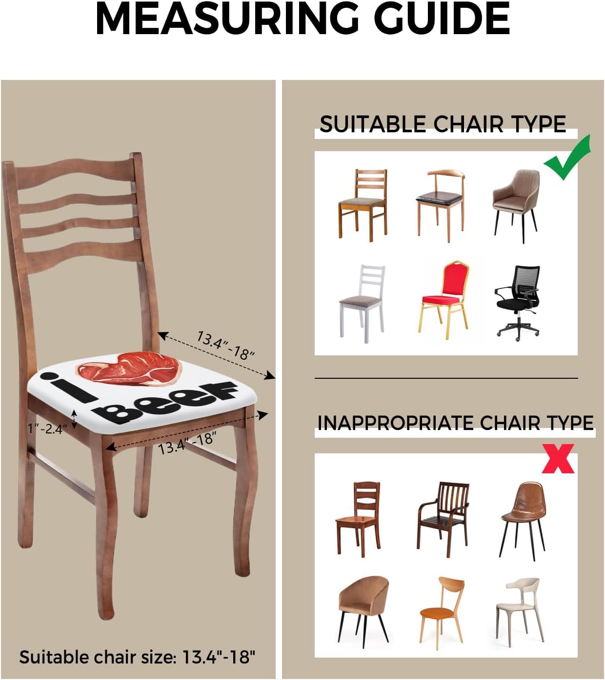 Chair Seat Covers,I Love Beef Heart Kitchen Decoration Stretch Removable Seat Covers for Dining Chairs,Soft Dining Room Seat Cover Set of 4