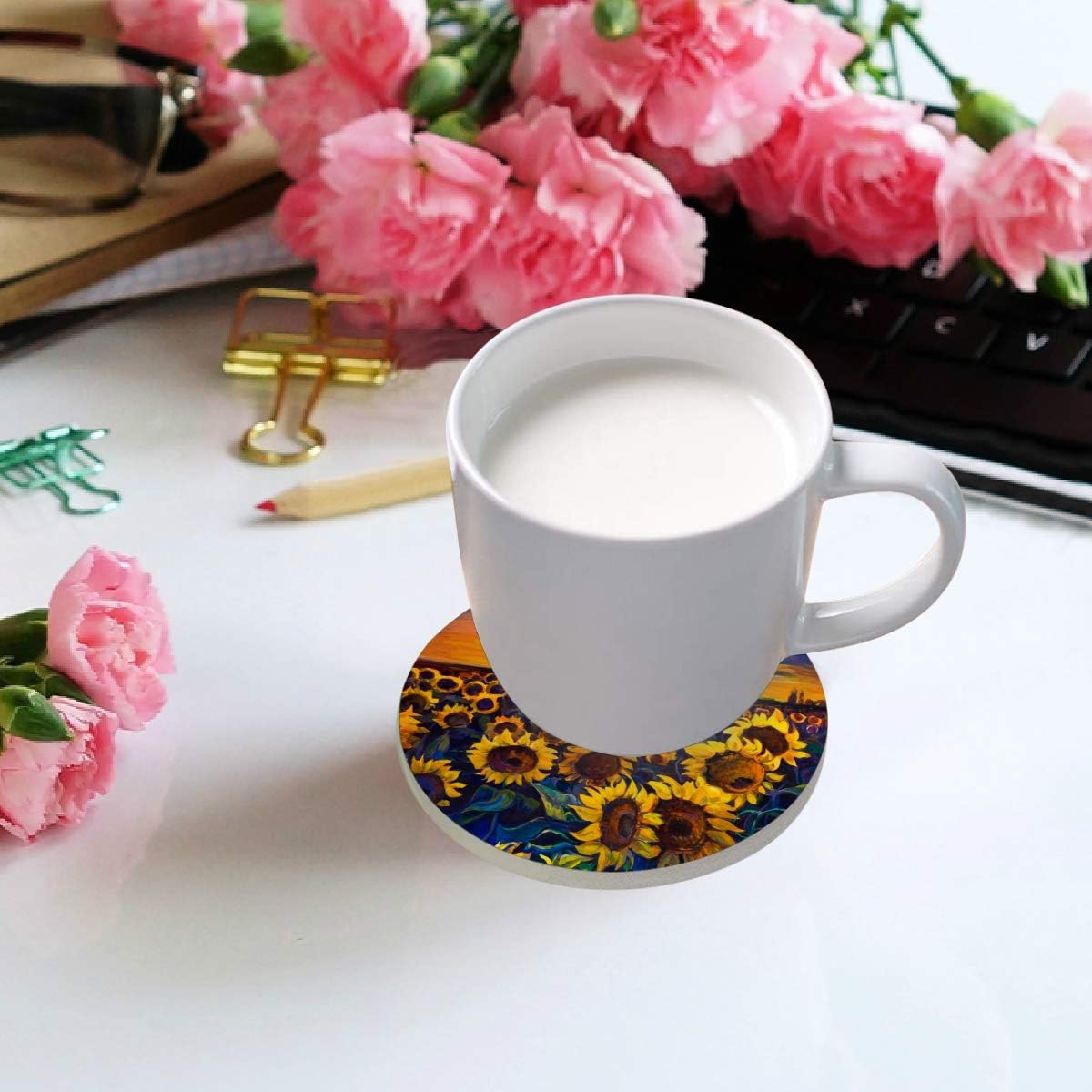 visesunny Modern Art – Posavasos con estampado de girasol, posavasos de piedra que absorben la humedad con base de corcho para protección de mesa,