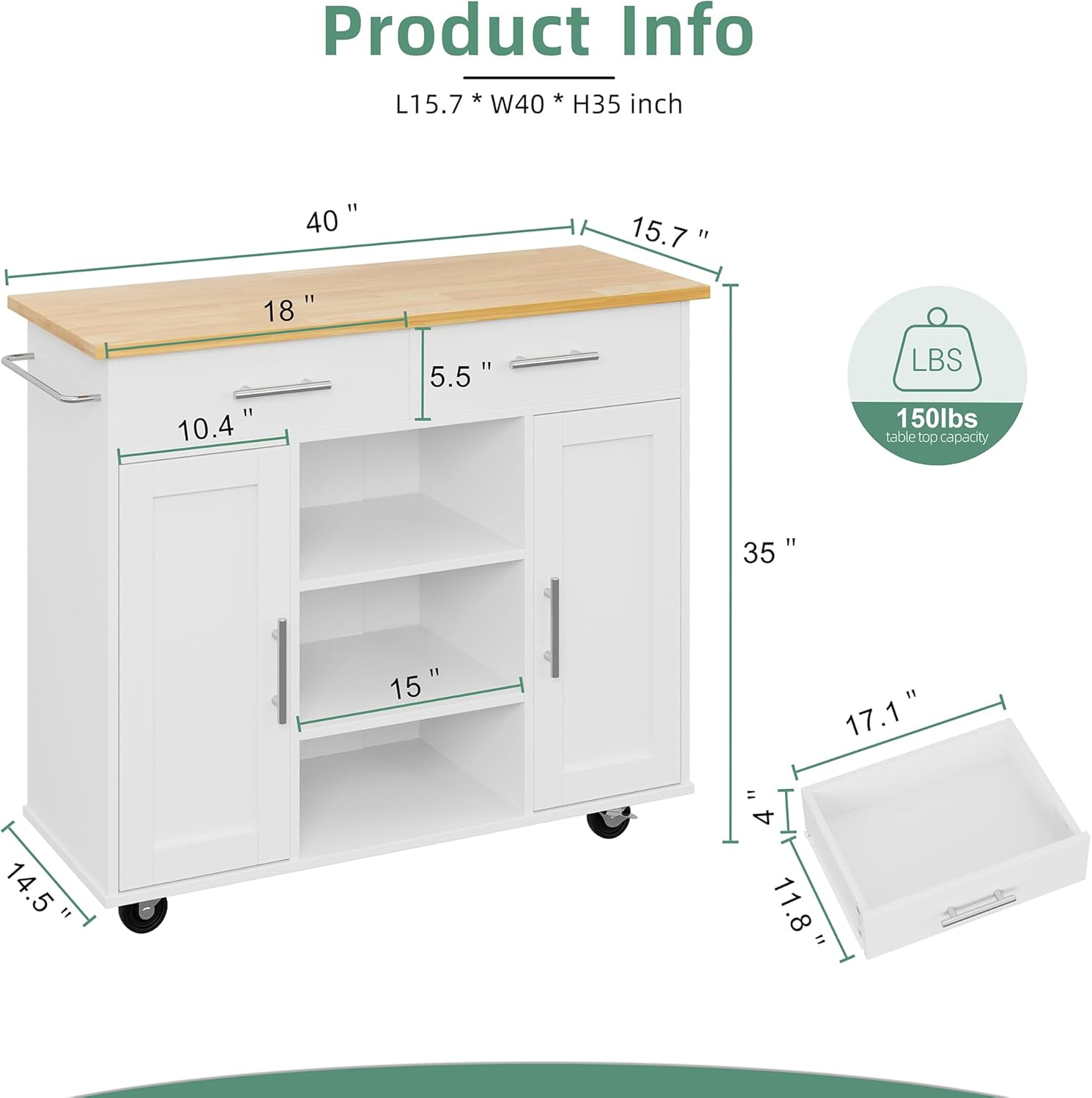 Shintenchi Carrito de isla de almacenamiento de cocina con 3 estantes abiertos, 2 cajones y 2 gabinetes, carrito de cocina con ruedas con