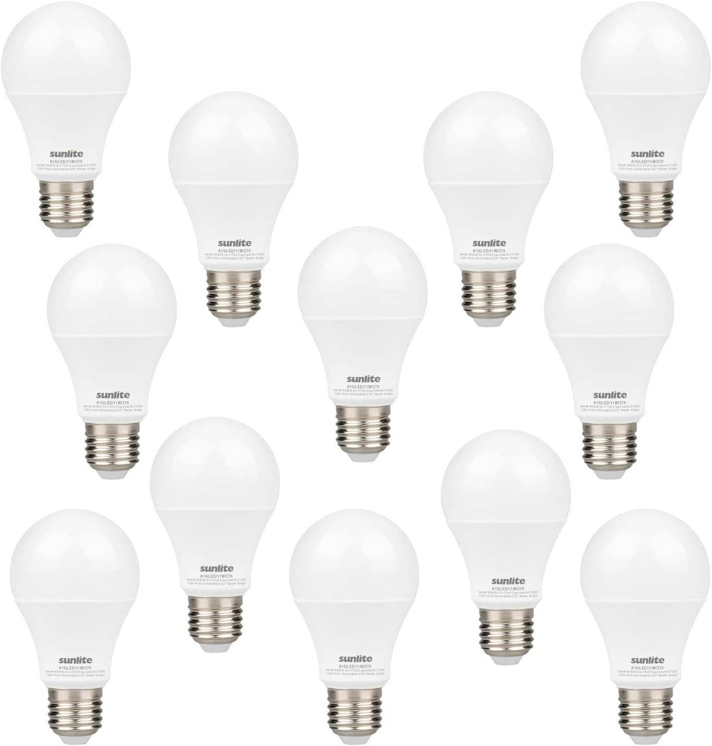 Sunlite 41804-SU – Bombilla LED A19, no regulable, 11 W (equivalente a 75 W), 1100 lúmenes, base mediana (E26), certificación UL, 2700 K blanco