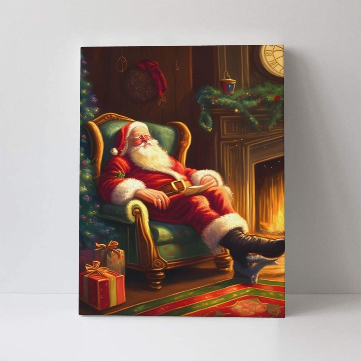 WEASYYDS Lienzo decorativo para pared de Papá Noel para dormir, chimenea, decoración de invierno, póster de Papá Noel, pintura para el hogar,