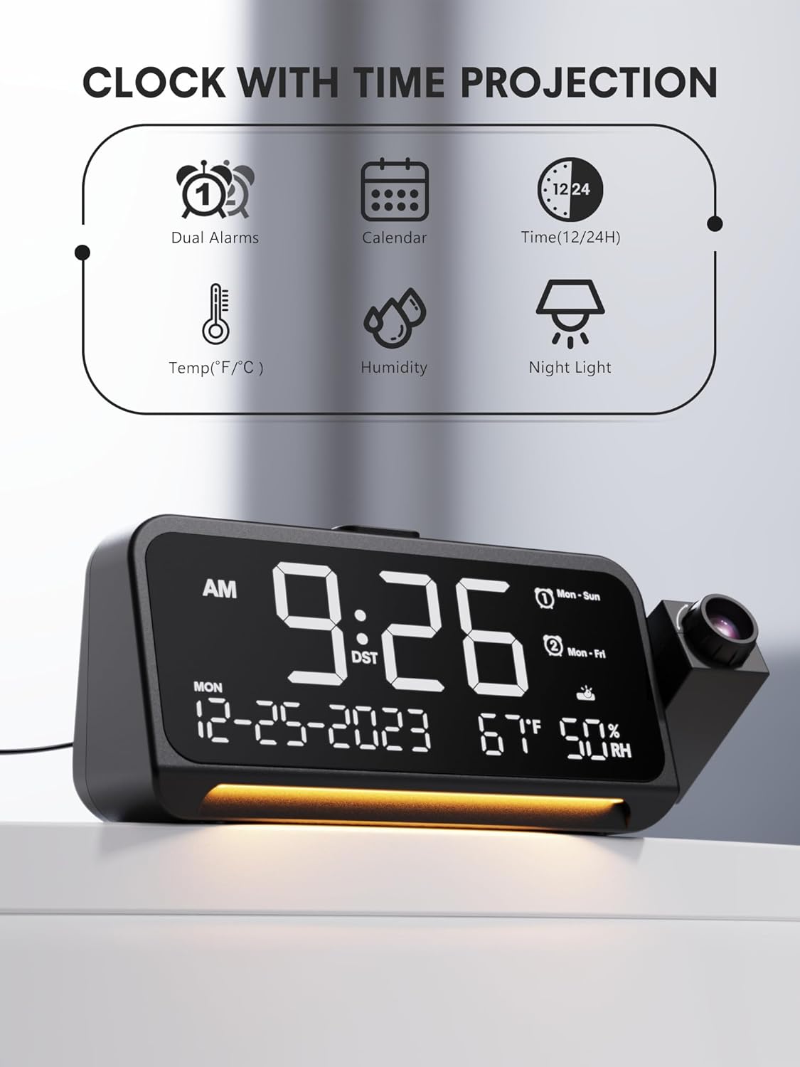 Reloj despertador de proyección con luz nocturna, fecha, temperatura, pantalla de humedad, proyector de reloj digital en la pared del techo con