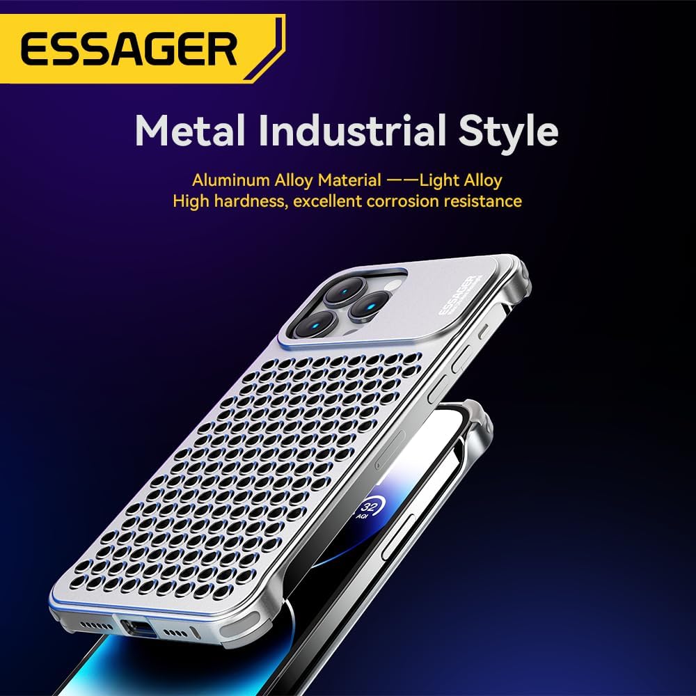 ESSAGER Aleación de aluminio 3D de disipación de calor agujeros anticaída bisel delgado caso para iPhone 13 Pro Max (para iphone13 pro max, gris)