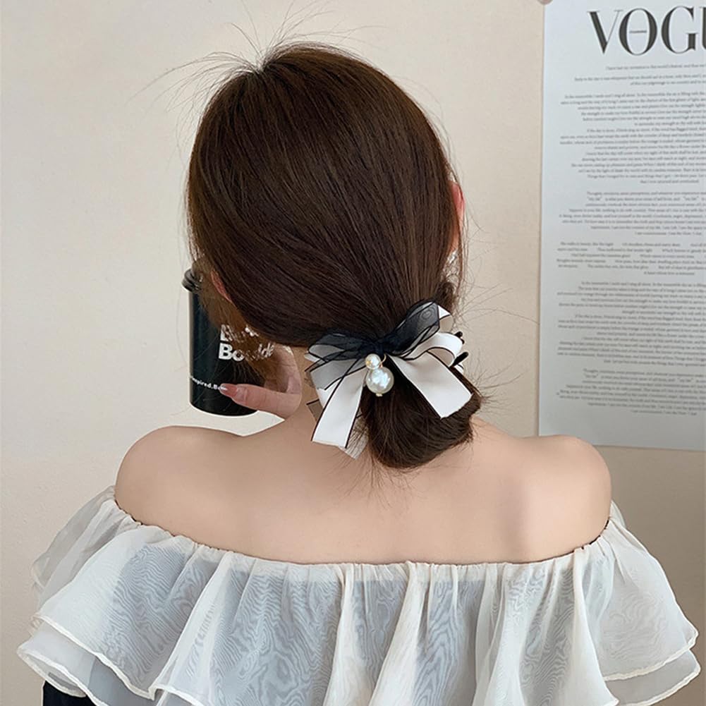 4 pinzas para el cabello con lazo y perlas, cinta blanca y negra, con lazo, pinzas para el cabello, accesorios para la cabeza para mujeres y niñas