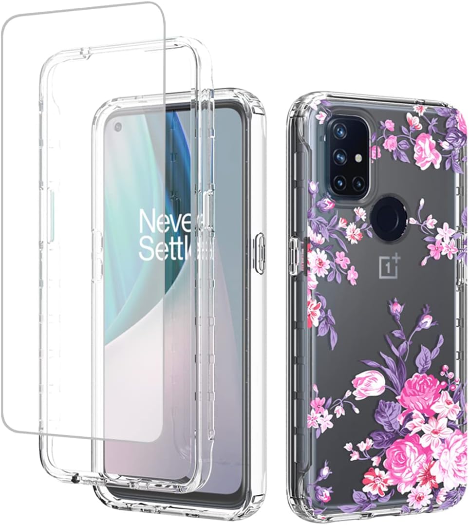 Yerebel Funda para OnePlus Nord N10 5G, OnePlus N10 5G BE2029 con protector de pantalla de vidrio templado, diseño floral a prueba de golpes,