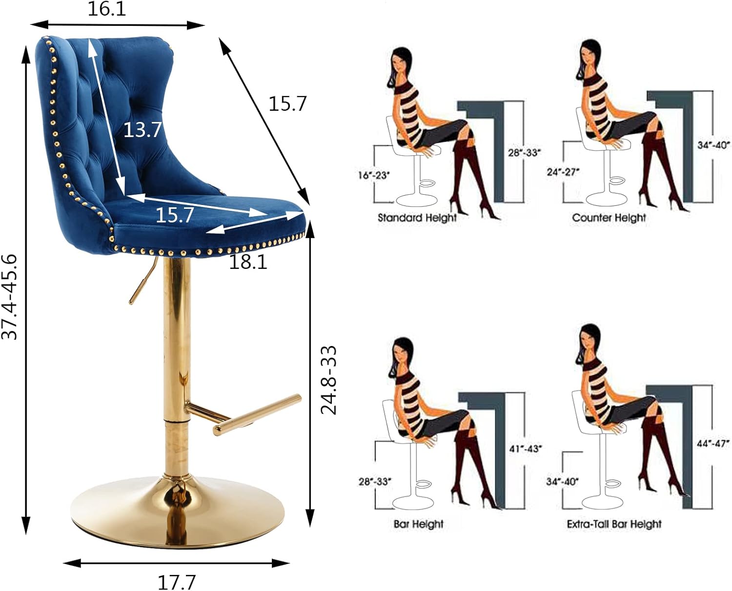 Aoowow Juego de 2 taburetes de bar giratorios, taburetes de bar ajustables con respaldo de terciopelo copetudo, sillas de bar modernas tapizadas con