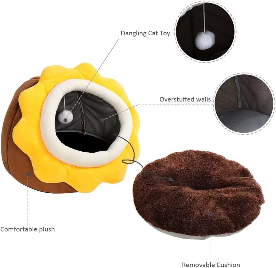 Camas para gatos de interior  Cama pequeña para gatos con parte inferior antideslizante, cueva en forma de girasol para gatosperros con juguete