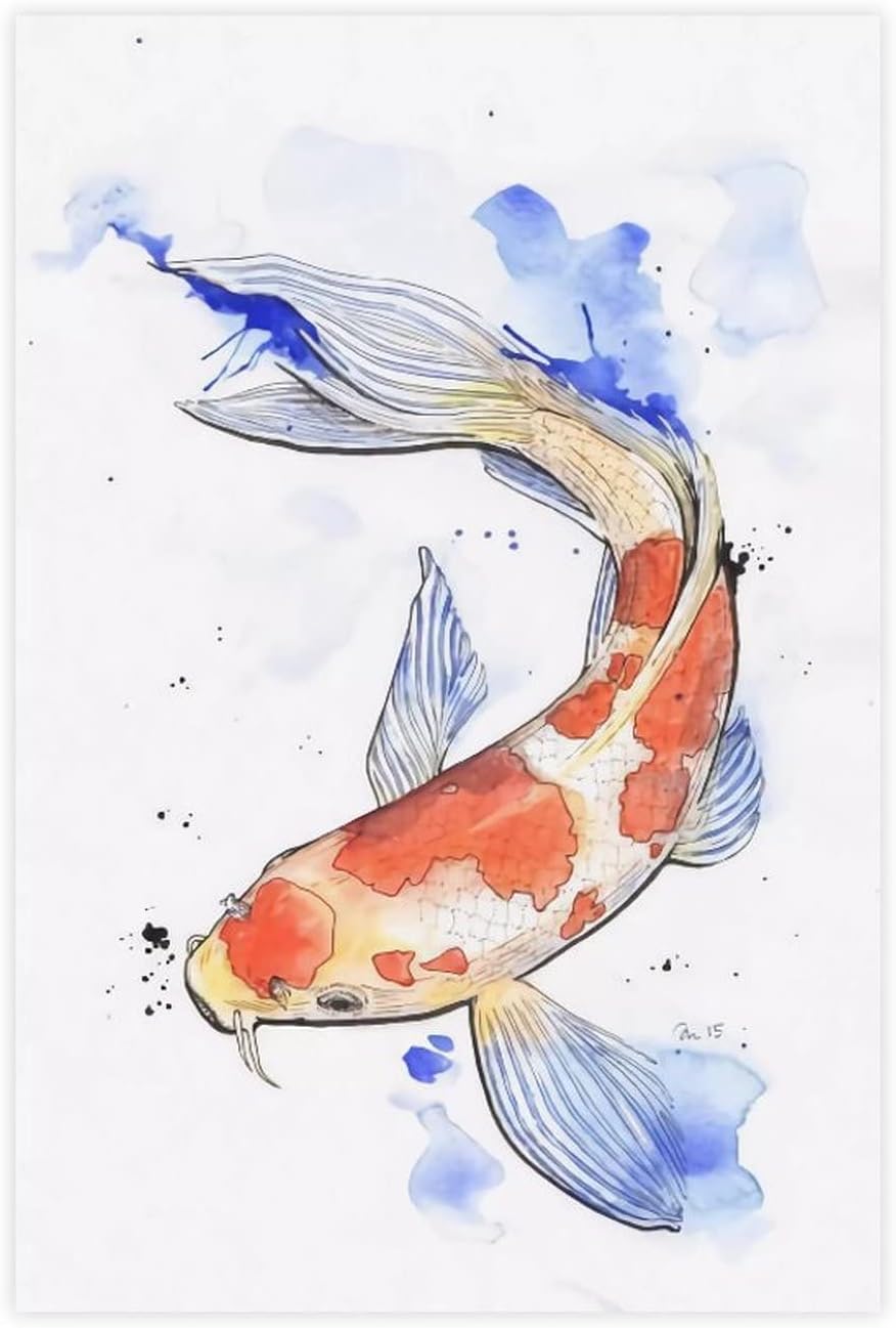 Póster de acuarela de pez Koi, 1 póster vintage de lienzo para pared, arte de pared, pintura impresa para sala de estar, dormitorio, sin marco, 24 x