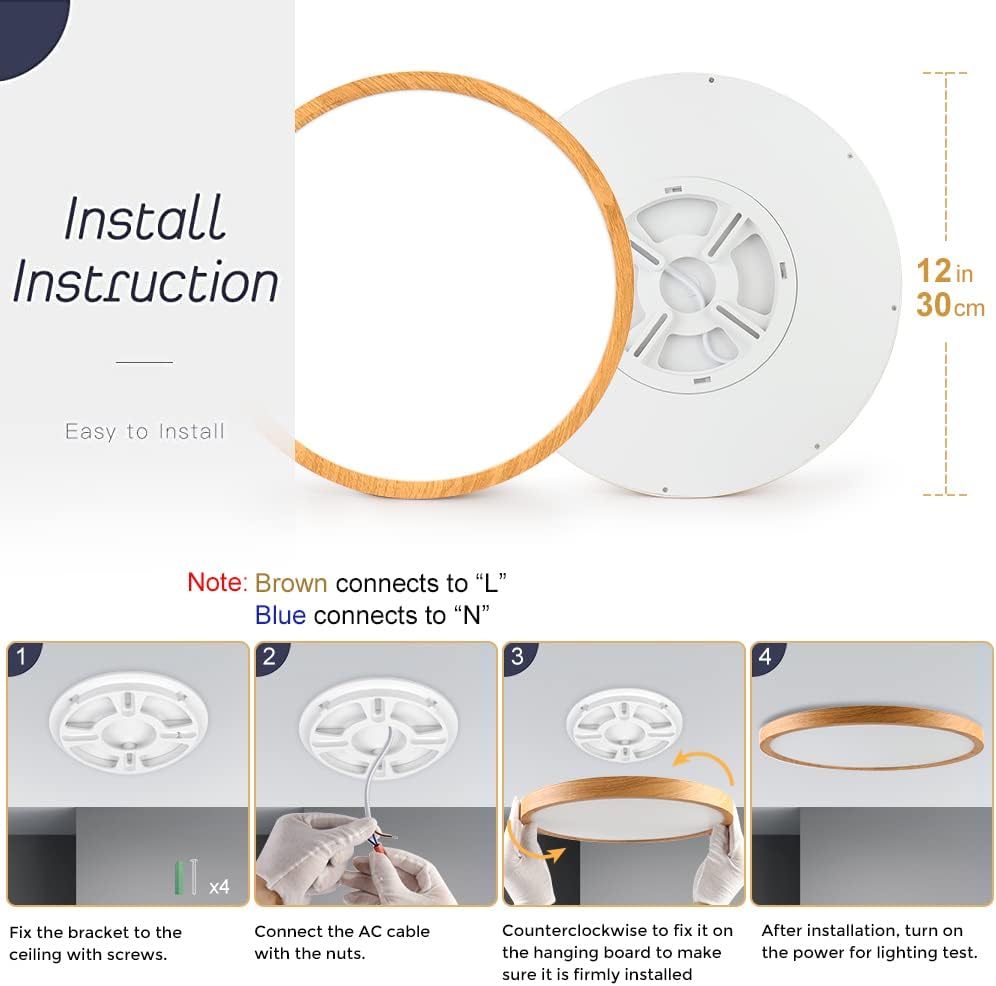 Lámpara de techo LED de grano de madera de 12 pulgadas, montaje empotrado, alfombrilla de ABS, 6000 K blanco frío, 24 W, lámpara de techo redonda