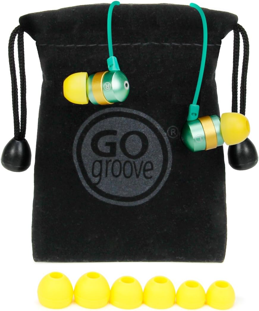 GOgroove AudiOHM – Auriculares HF con micrófono, graves profundos y cómodos geles de oído (verde y dorado), auriculares intrauditivos con diseño de