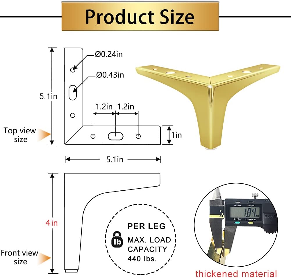 GOSCHE Patas doradas para muebles de 4 pulgadas, juego de 4 patas de sofá de metal, patas de repuesto de estilo moderno para tocador, silla, cama,