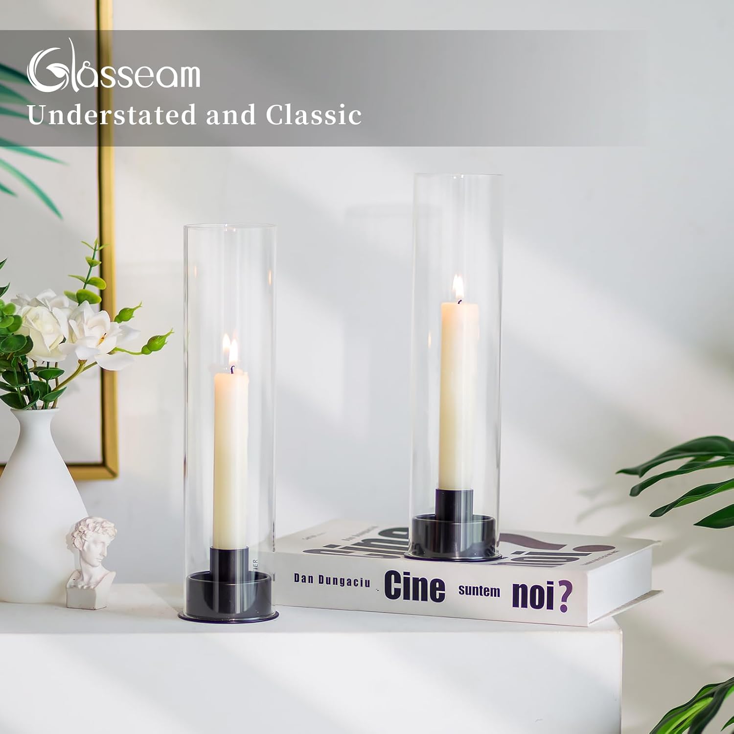 Glasseam Juego de 6 portavelas de cristal negro Hurricane, portavelas cilíndricos de cristal, modernos portavelas cónicos con pantalla de chimenea