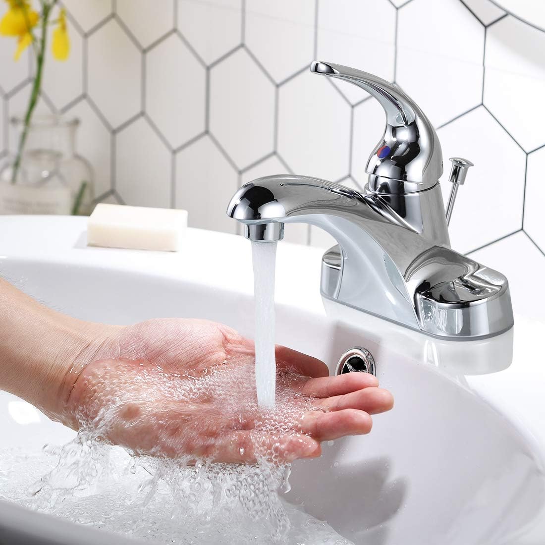 WOWOW – Grifo monocomando para lavamanos de baño, juego central de 4