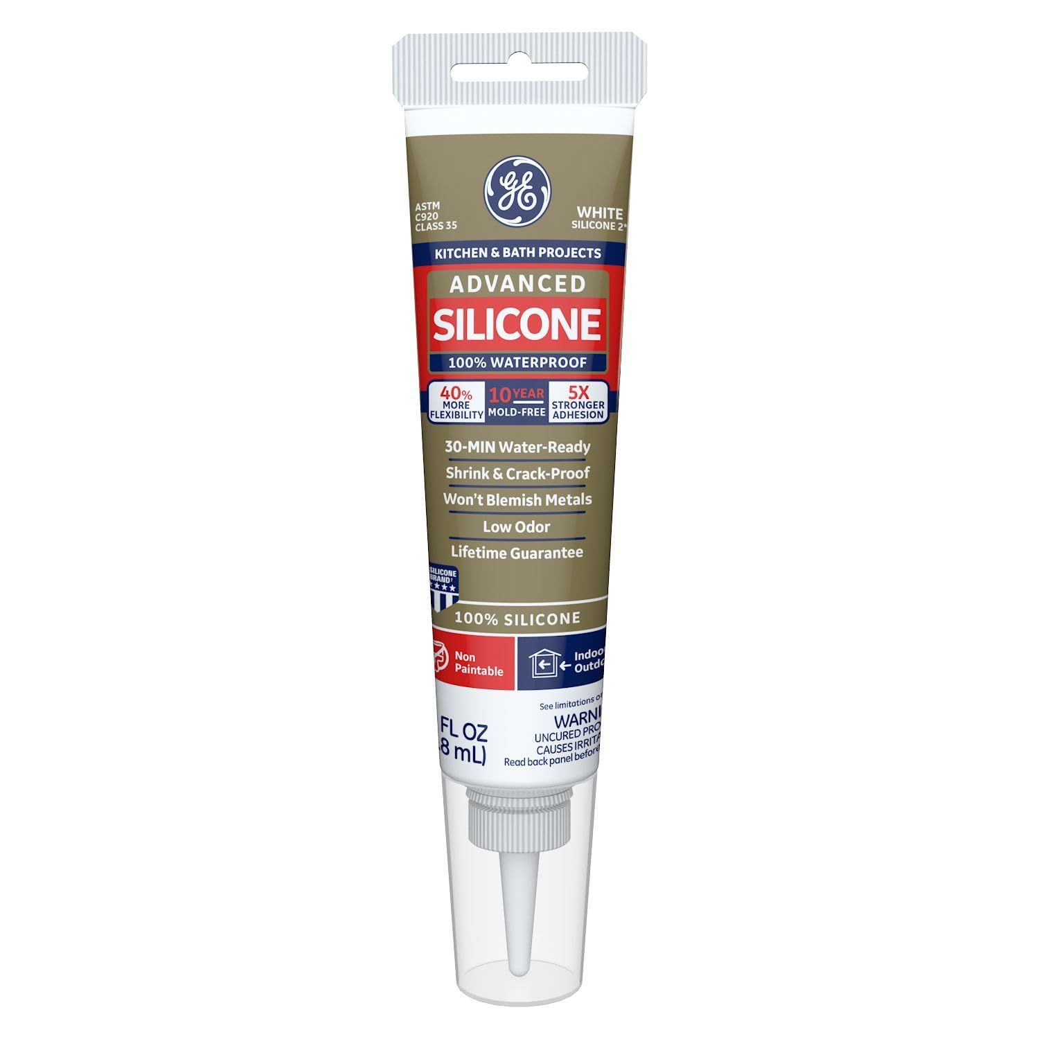 GE Calafateo de silicona avanzado para cocina y baño, sellador de silicona 100% impermeable, adherencia 5 veces más fuerte, a prueba de encogimiento