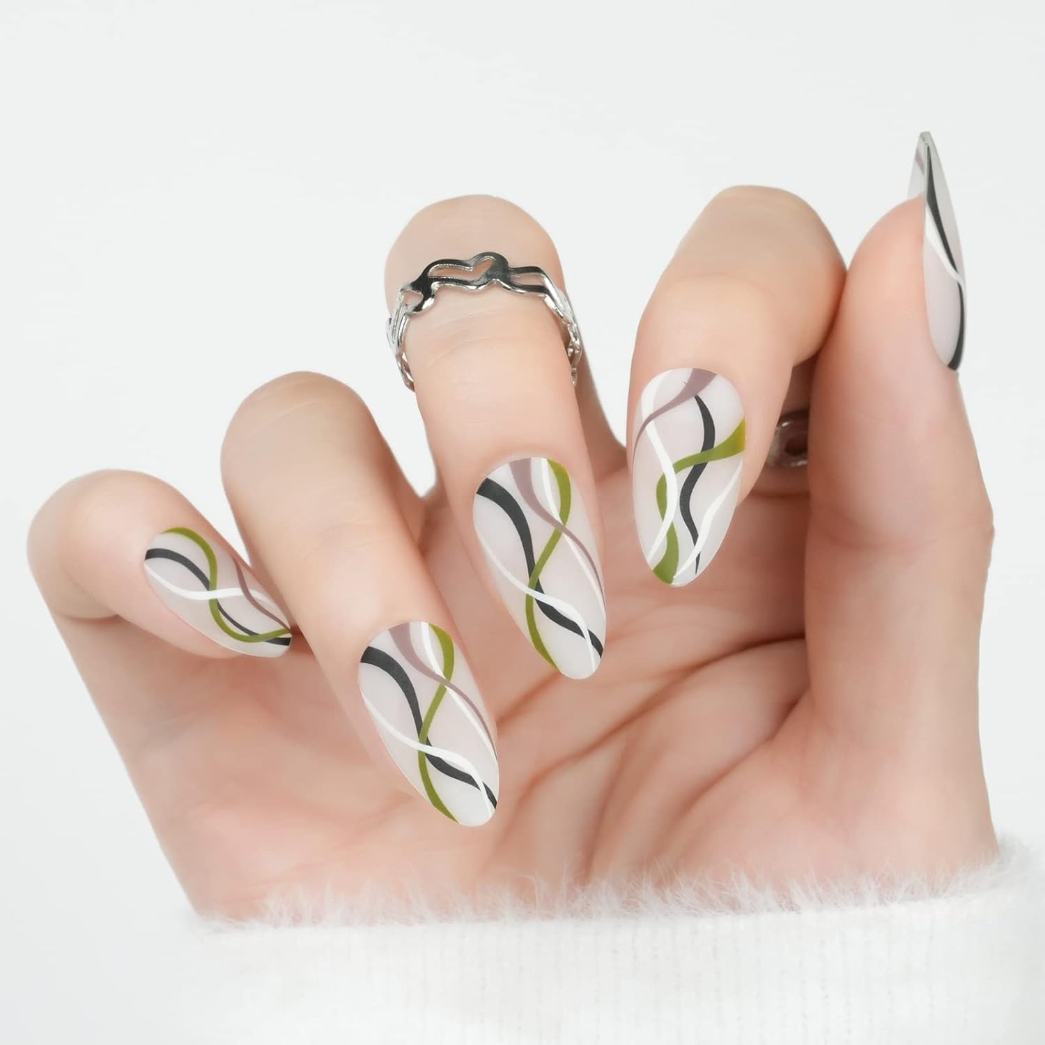 Uñas postizas a presión de almendra, medianas con diseños, uñas acrílicas, uñas postizas naturales y reutilizables con pegamento, uñas adhesivas