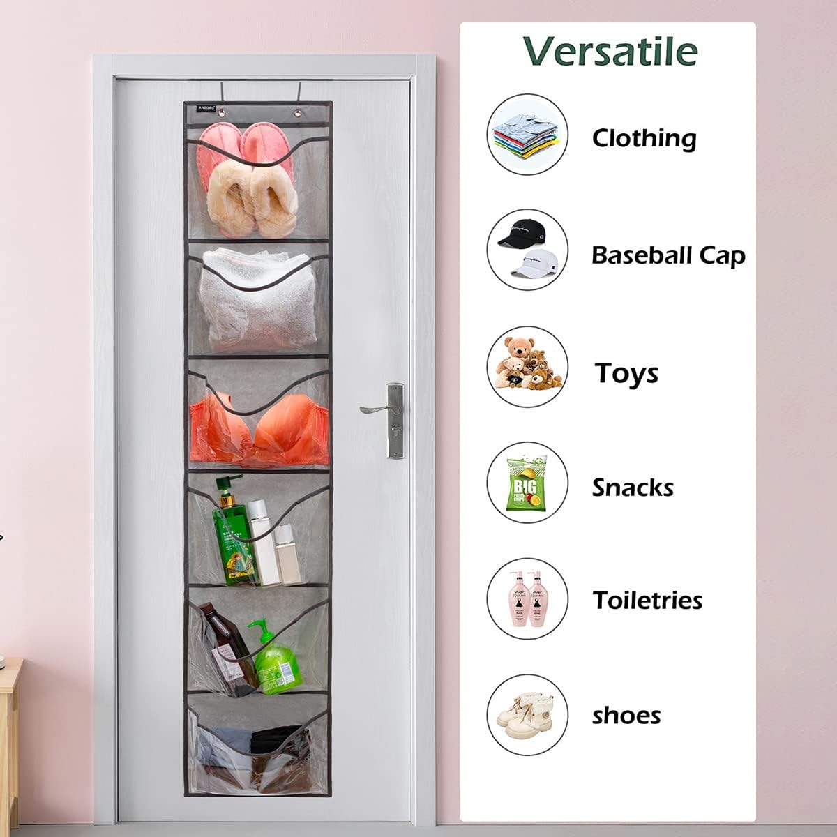 Organizador de zapatos con bolsillos extra grandes para armario sobre la puerta estrecha para colgar zapatos (6 bolsillos grandes, gris)
