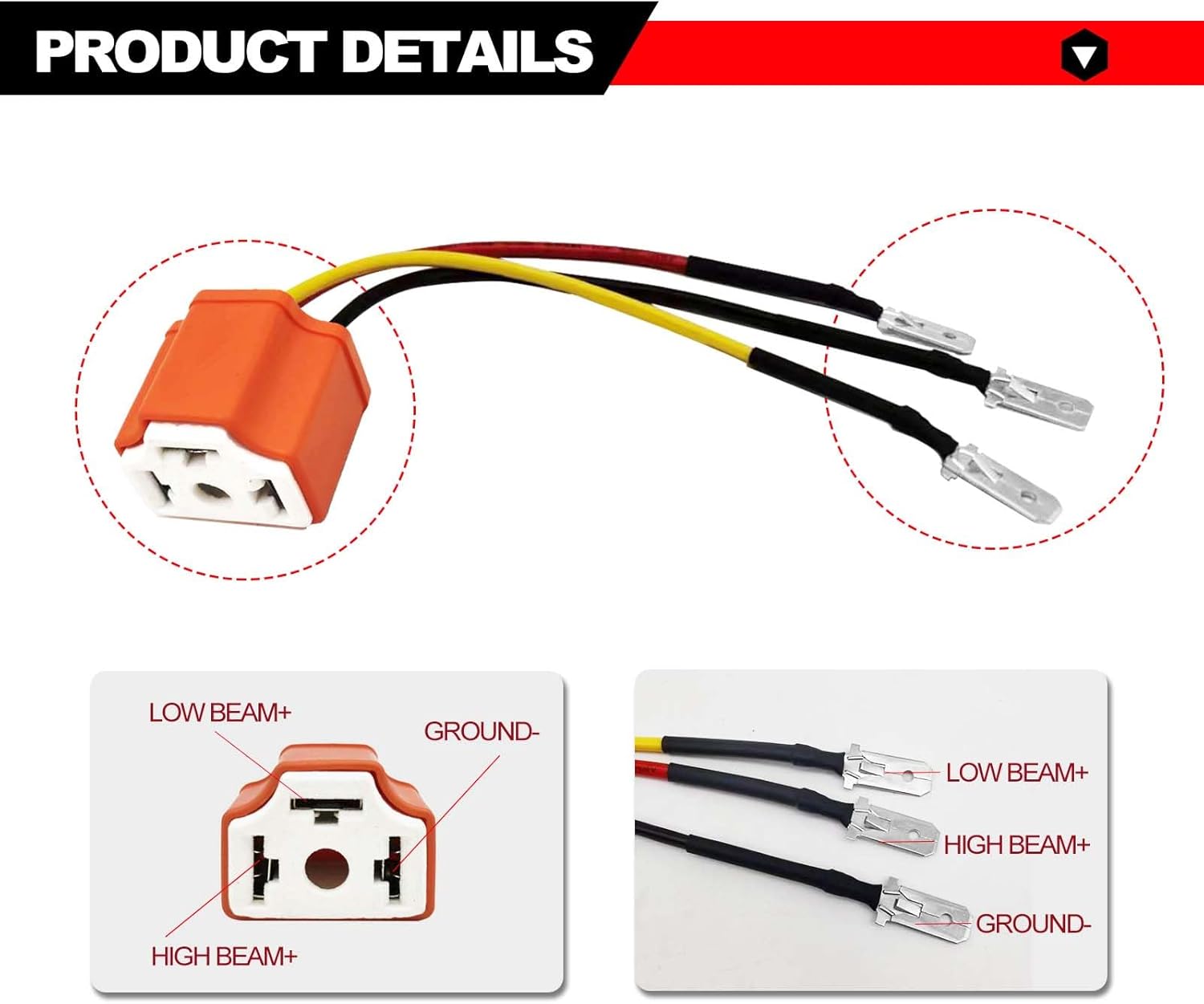 Zócalo de luz de arnés de cableado H4 9003 HB2 de cerámica  Conector con 3 adaptadores de arnés de cableado para arnés de relé H4, luz de camión de