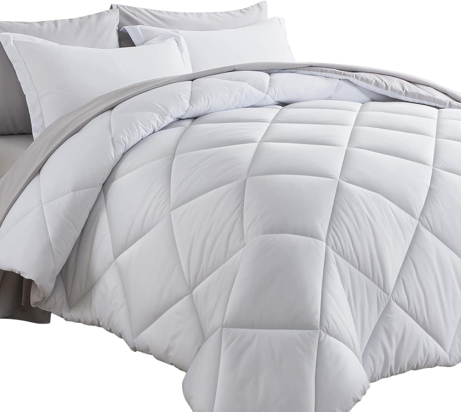 Cosybay Bed in a Bag – Juego de edredón reversible de 7 piezas para todas las estaciones, color blanco y gris claro con edredón, fundas de almohada,
