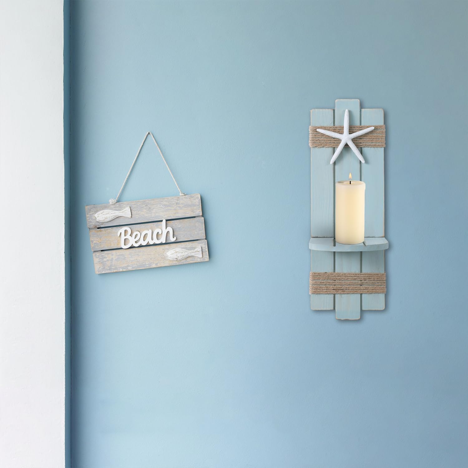 SOMTO Juego de 2 candelabros de pared con diseño de estrella de mar de playa, decoración de pared con temática náutica, portavelas de pared,