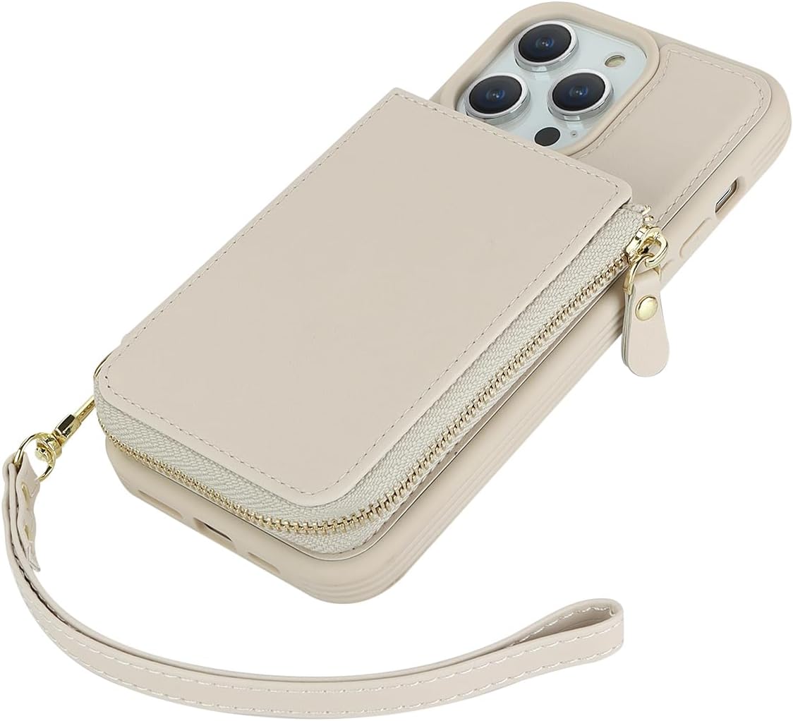 Funda para iPhone 14 Pro Max con tarjetero con cremallera para mujer, iPhone 14 Pro Max, cartera con tarjeta de crédito con anillo y soporte de