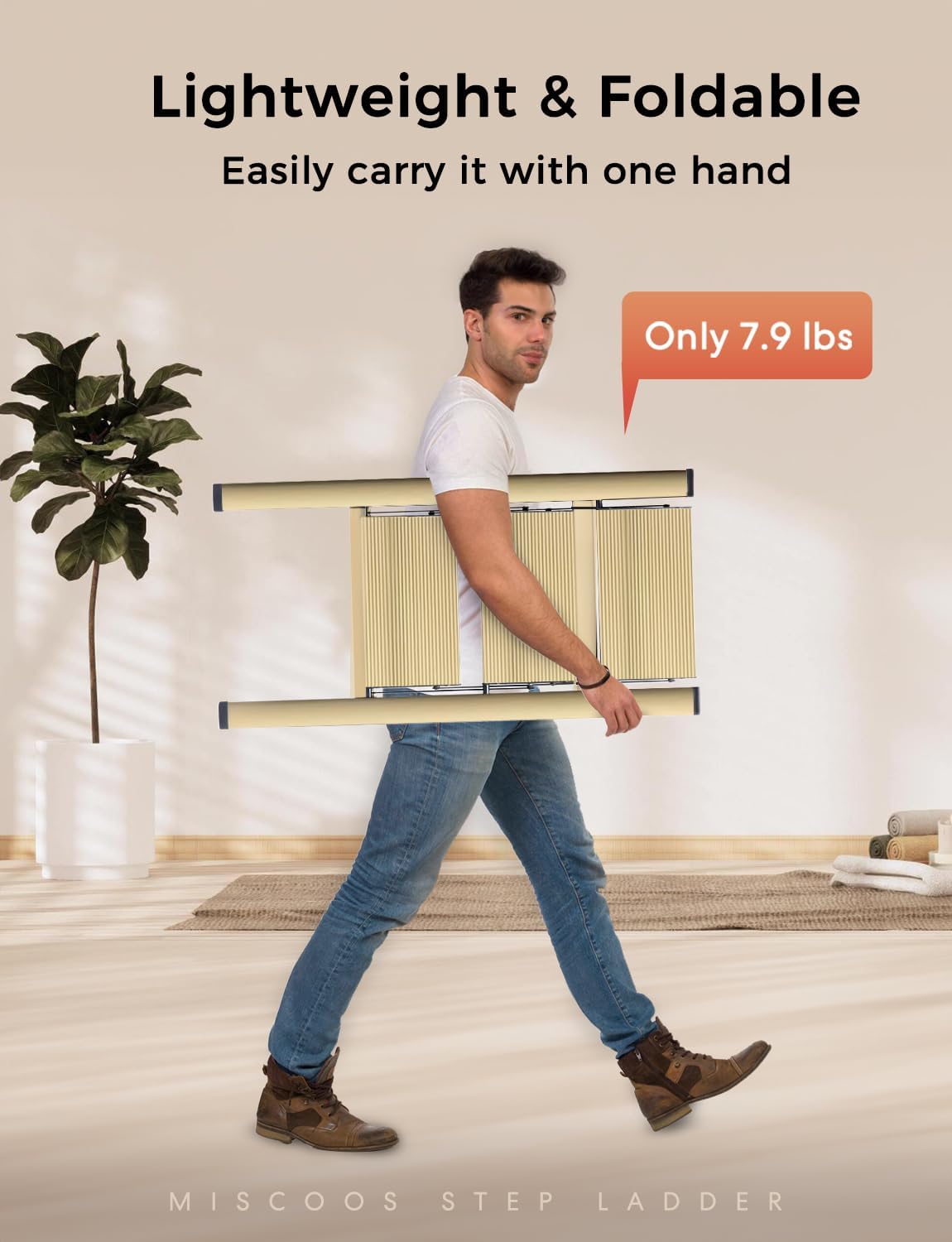 Miscoos Escalera de 3 escalones, taburete plegable portátil ligero con pedal antideslizante resistente y ancho, capacidad de 330 libras, escalera de