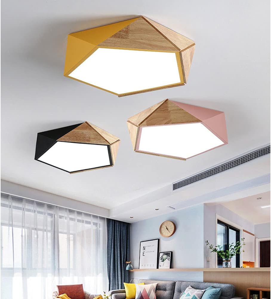 Candelabro, lámpara de techo regulable de madera LED empotrada, pantalla moderna redonda cerca del techo, lámpara de techo minimalista poligonal