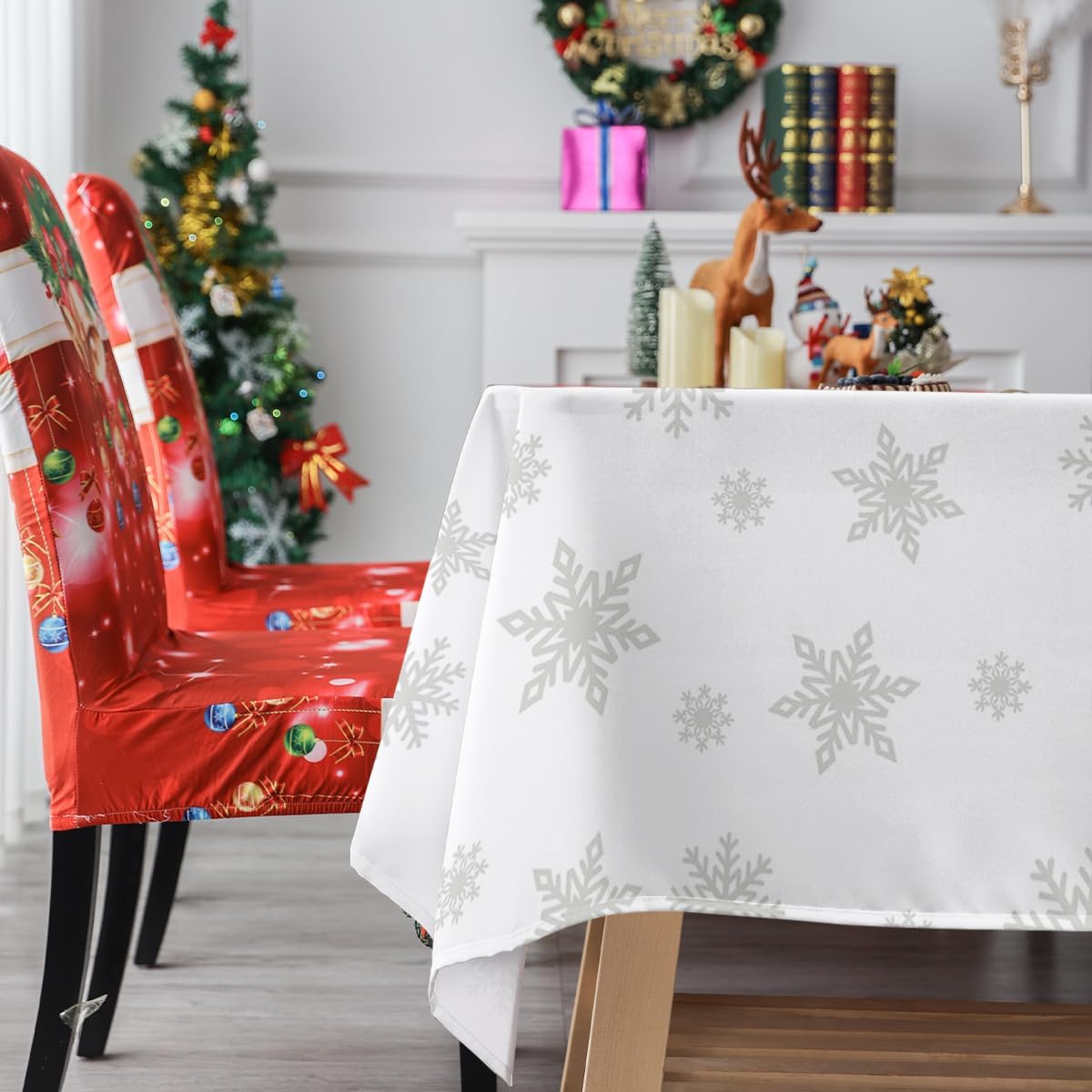 Lepuho – Mantel rectangular de Navidad de 60 x 84 pulgadas, mantel de Navidad con Papá Noel, nieve, impermeable, resistente a las manchas y a las