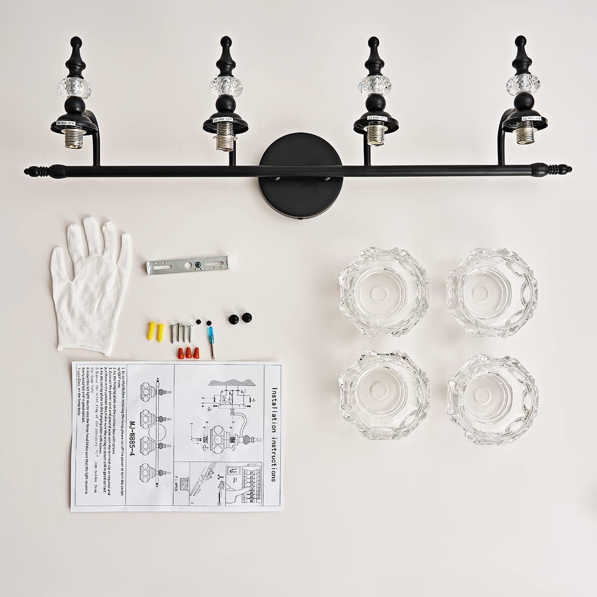 Lámpara de tocador de 4 luces, iluminación de baño, superficie negra pintada con pantalla de cristal grueso, luz de tocador vintage para baño