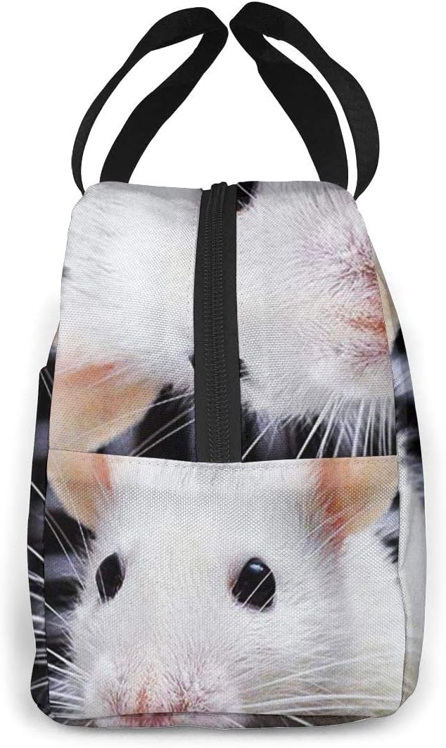 Adorable bolsa de almuerzo aislada con rata blanca para mujeres y hombres, bolsa de almuerzo reutilizable con bolsillo frontal