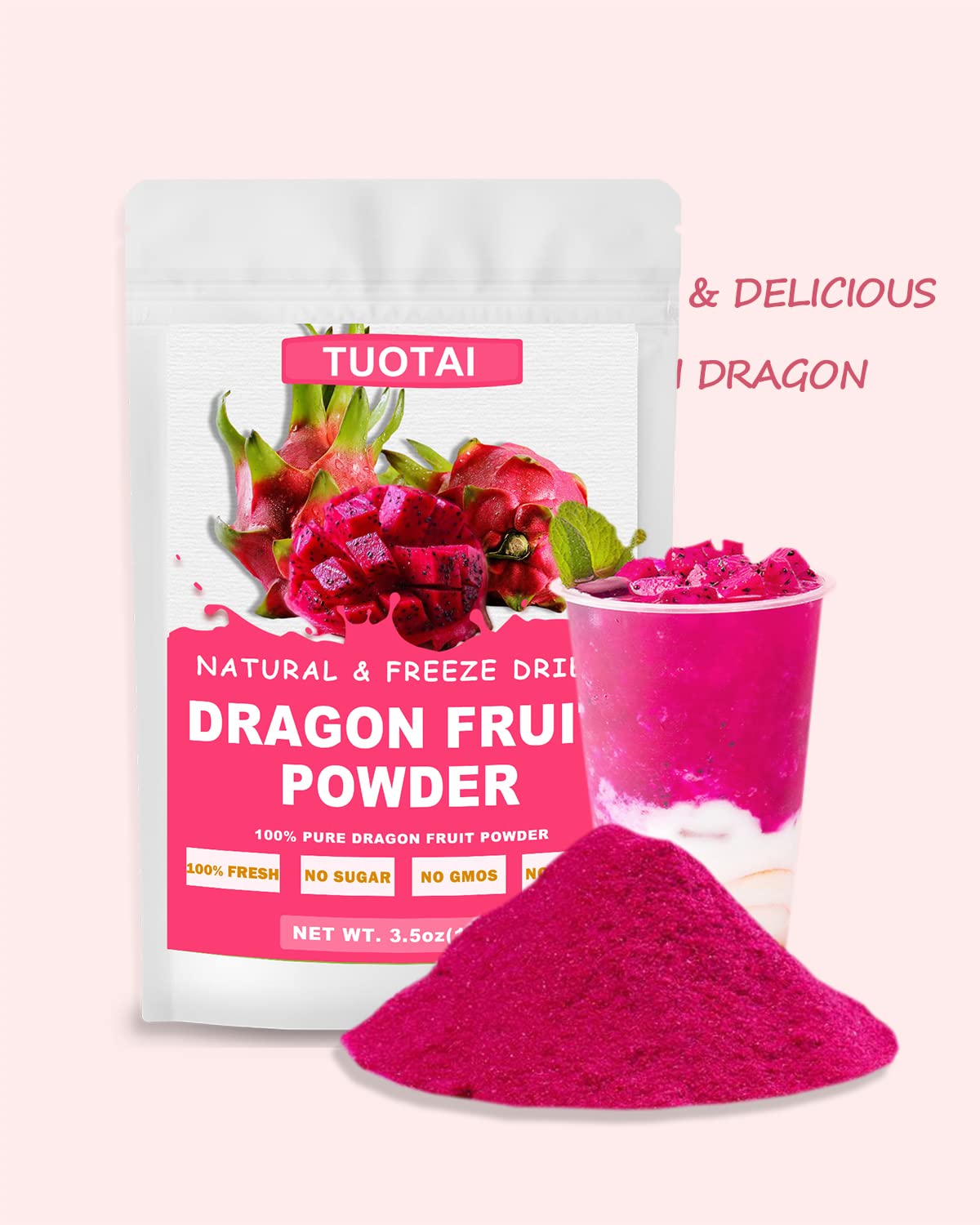 Polvo de fruta de dragón rojo liofilizadopitaya, 3.5 onzas, polvo de fruta del dragón para batidos, bebidas y alimentos para hornear