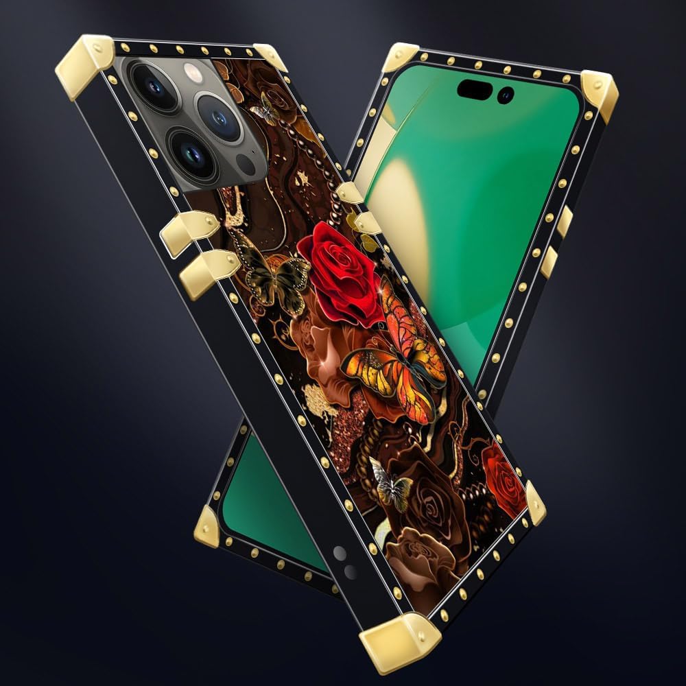 DAIZAG Funda compatible con iPhone 14 Pro Max, funda de mariposa dorada de cártamo para niñas y mujeres, decoración cuadrada de esquinas de metal,
