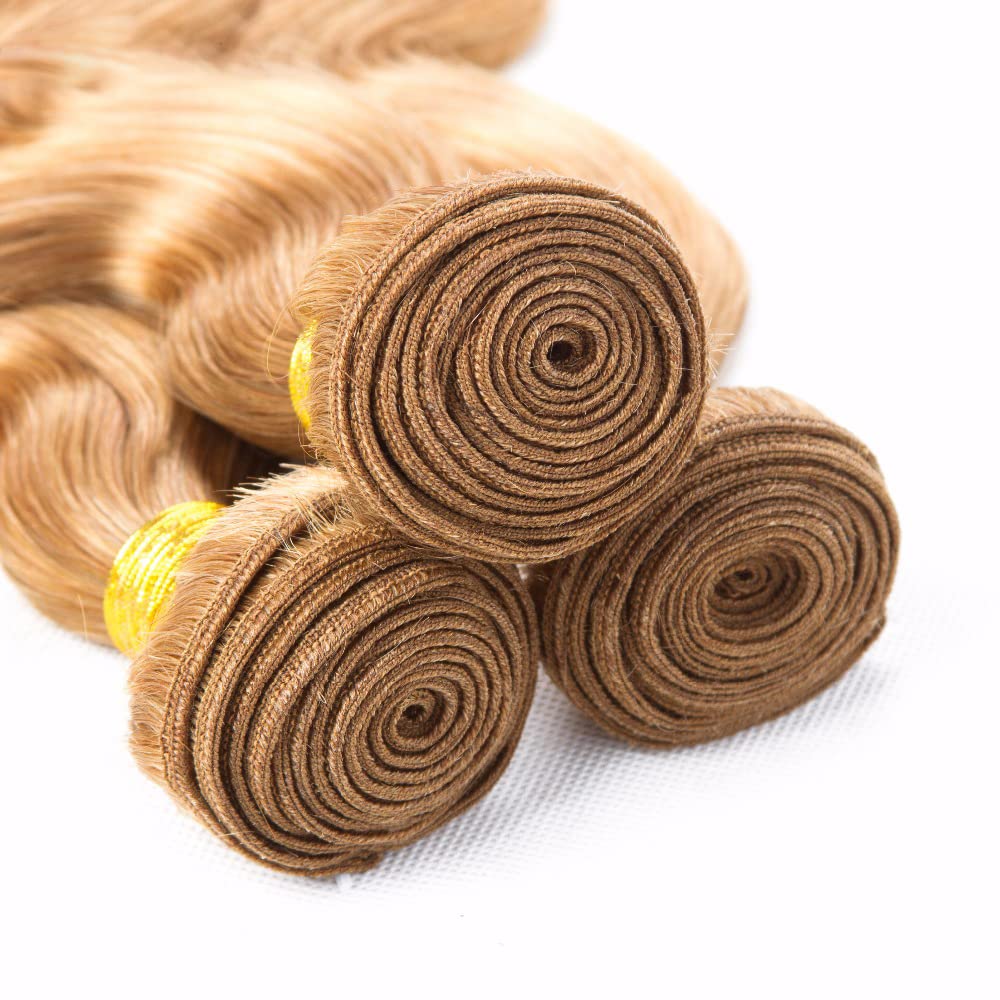 Color 27 – Manojos de cabello humano rubio miel, paquetes de cabello Remy virgen brasileño, 3 paquetes de 12, 14, 16 pulgadas, extensiones de