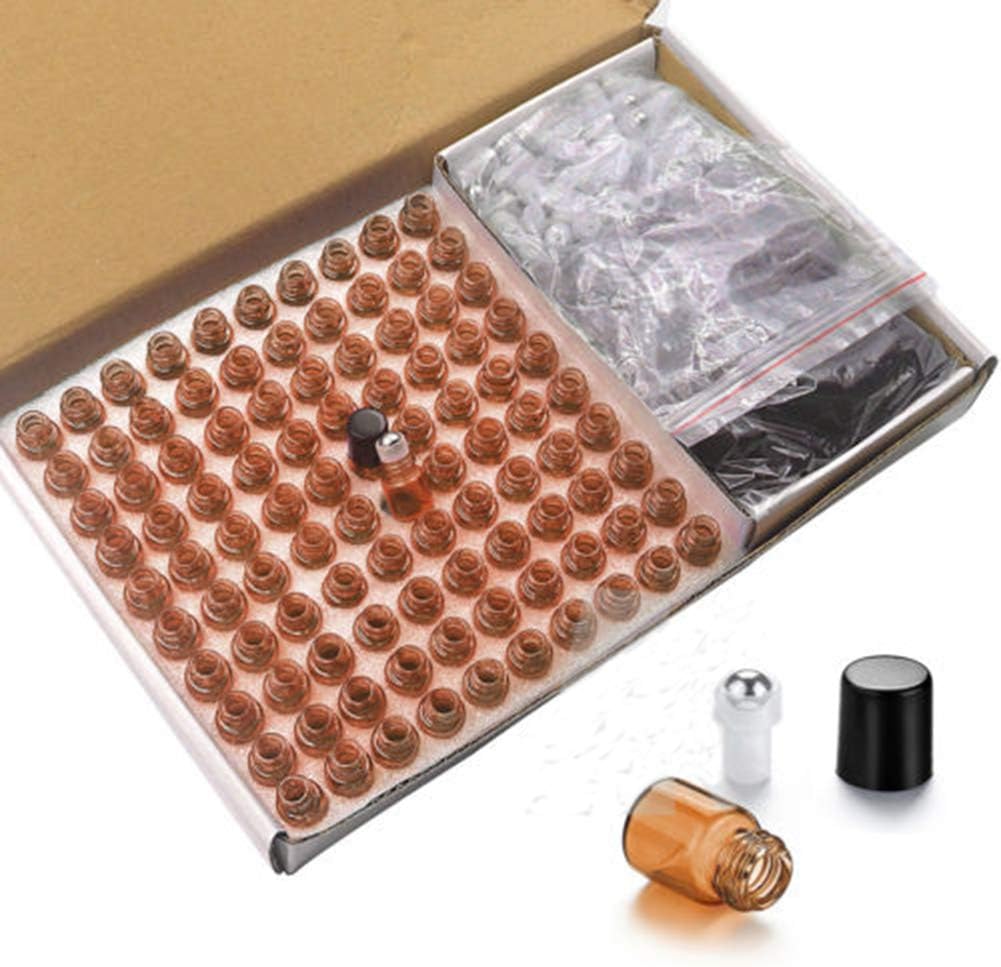 Botellas enrollables de vidrio ámbar, 100 paquetes de 0.0 fl oz-14Dram, frasco de muestra de vidrio con bolas enrollables de metal, botellas