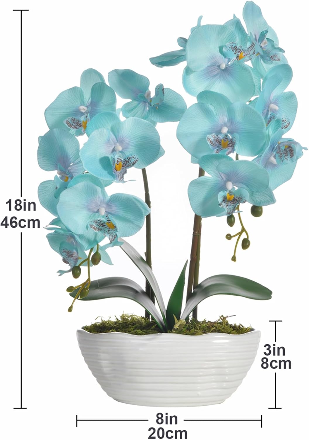 Planta de orquídea artificial grande en maceta, arreglo floral de seda con jarrón de cerámica, azul dorado