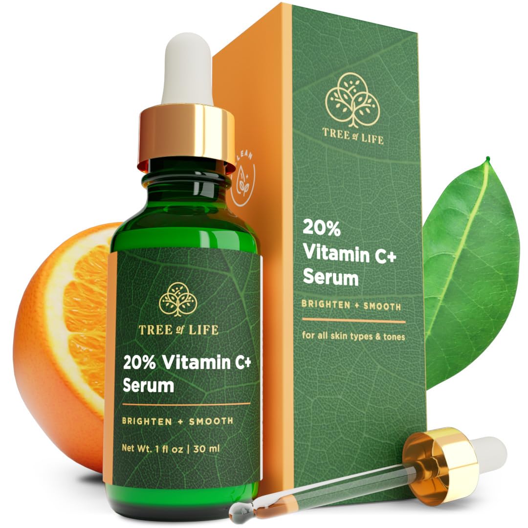 Tree of Life – Suero facial súper 20% de vitamina C+, 1 onza líquida, 1 paquete de sueros, vitamina E para iluminar y suavizar la piel secasensible,