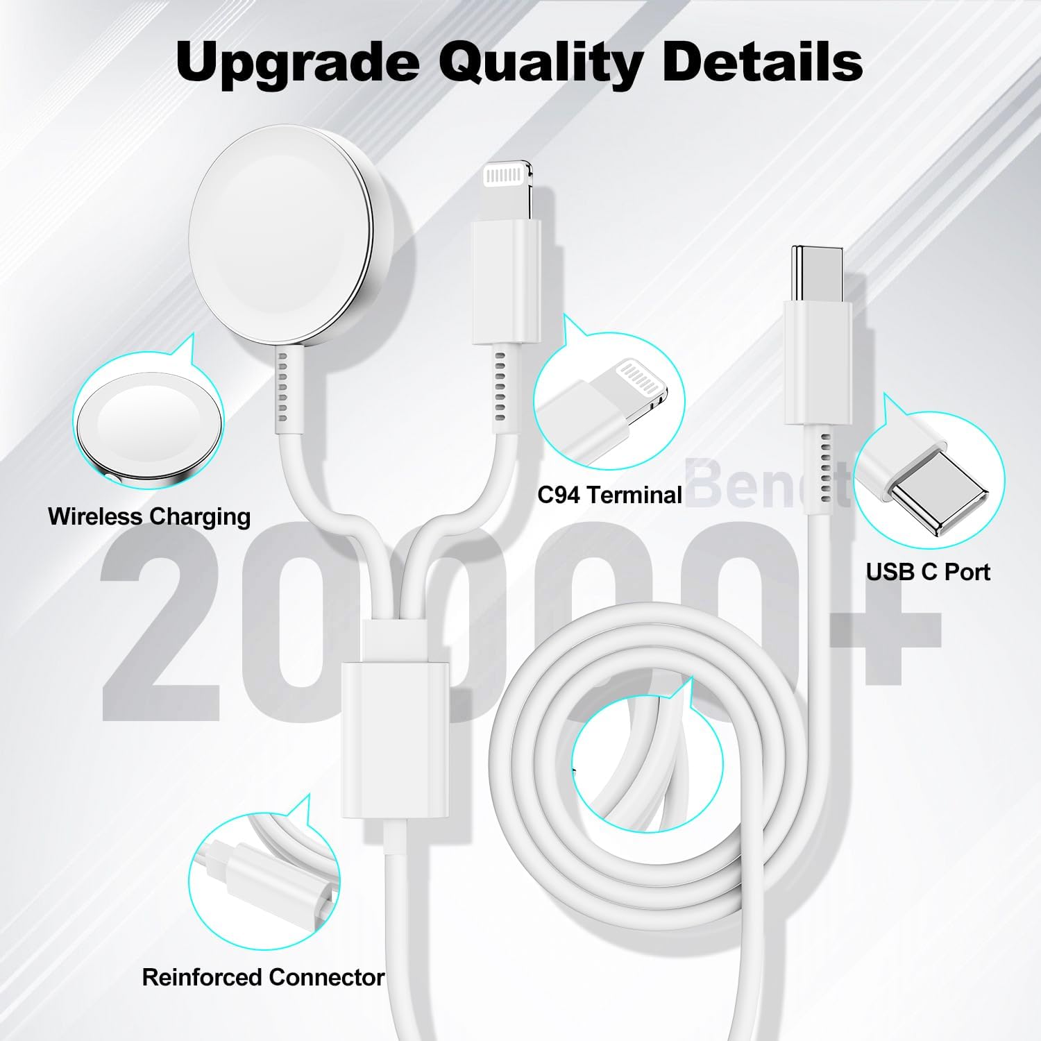 Cable de carga USB C mejorado para Apple Watch, certificado Apple MFi, cable de carga magnético para iWatch de 6 pies, cable de carga tipo C 2 en 1