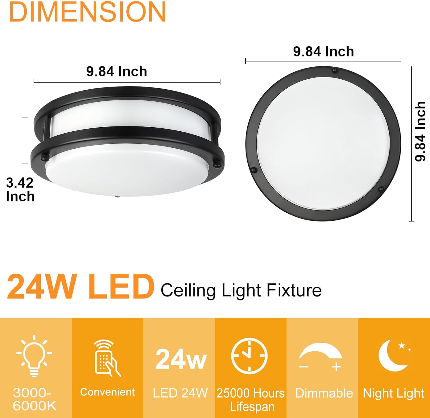 DLLT – Lámpara de techo LED moderna de 24 W con control remoto, regulable de 10 pulgadas, lámpara de techo redonda negra para dormitorio, cocina,
