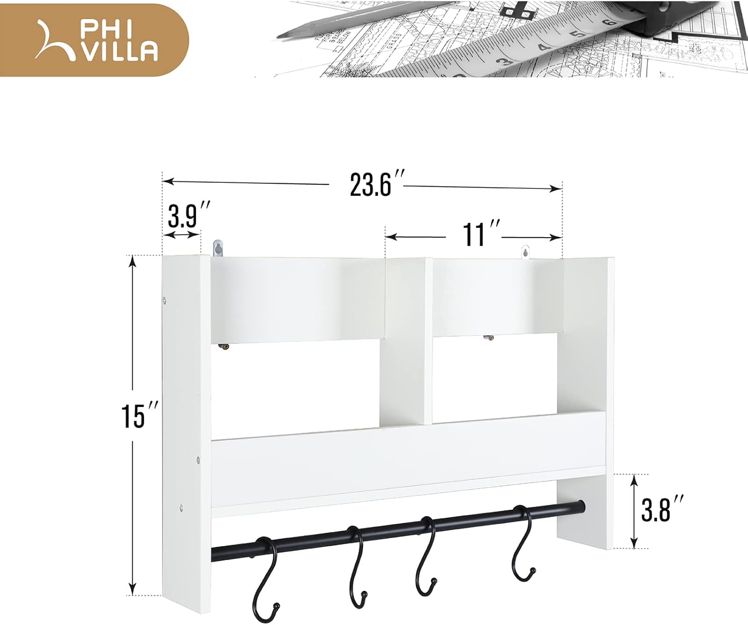 PHI VILLA Estante de ducha con ganchos, estante organizador de cocina montado en la pared, estante de almacenamiento, estantes flotantes de baño,