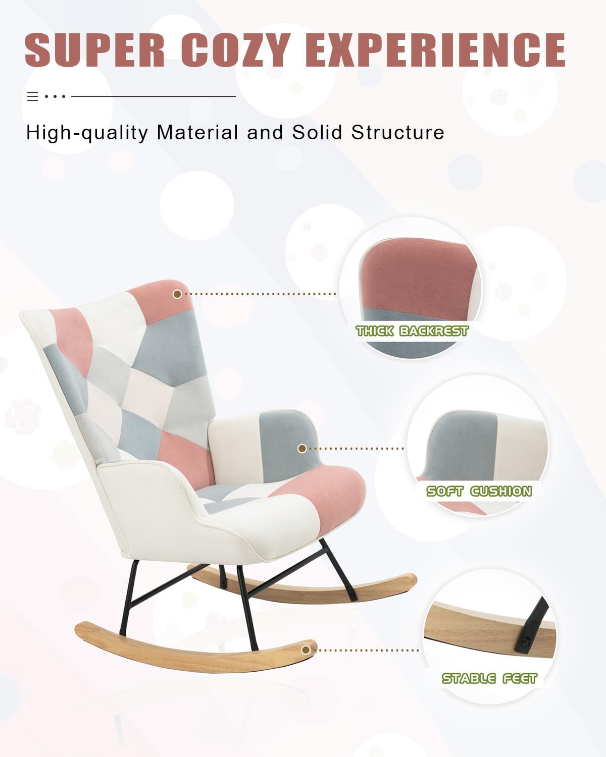 LifeSky – Silla mecedora cómoda y moderna, sillas deslizantes de tela de lino con retazos, silla mecedora para dormitorio, sala de estar, color rosa