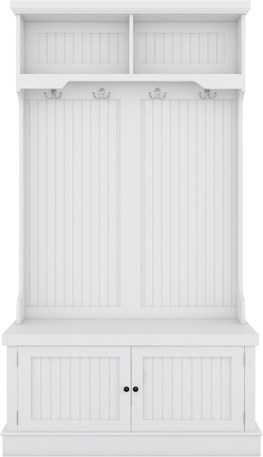 LUMISOL Árbol de entrada con banco de almacenamiento y 4 ganchos, diseño 4 en 1, percheros con 4 ganchos para sala de estar, pasillo, color blanco