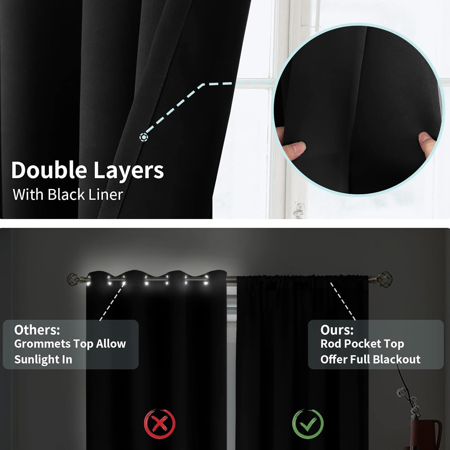BGment – 2cortinas 100% opacas, con aislamiento térmico, forro negro, de doble capa, oscurecedoras, reductoras de ruido y con bolsillo para