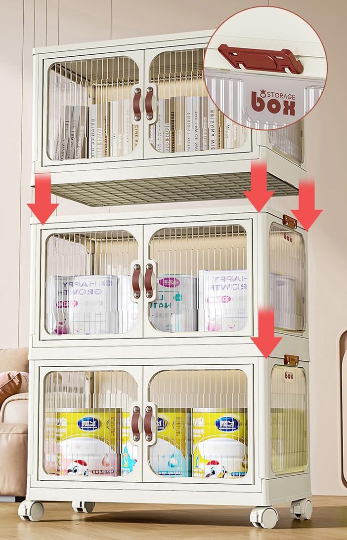 Gagee Contenedores de almacenamiento de 5 capas con 2 tapas, ruedas de plástico grande, caja de almacenamiento plegable, apilable de 28 cuartos de