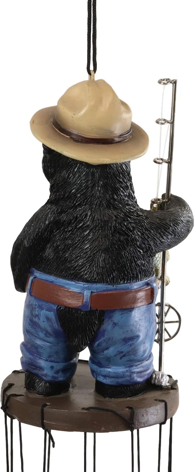 Ebros Gift Figura rústica de Hillbilly de pesca de campo occidental con caña y bajo, figura de corona, campanilla de viento resonante con peces
