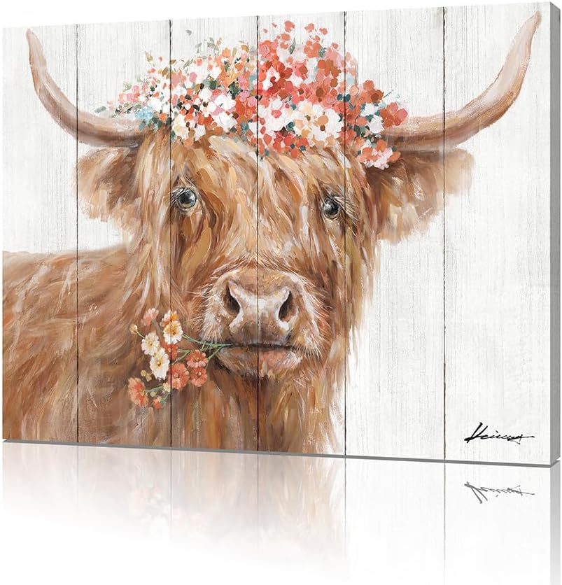 Yidepot Decoración de vaca de las tierras altas para granja imágenes retro de terneros escoceses con flores con cita inspiradora, lienzo para pared