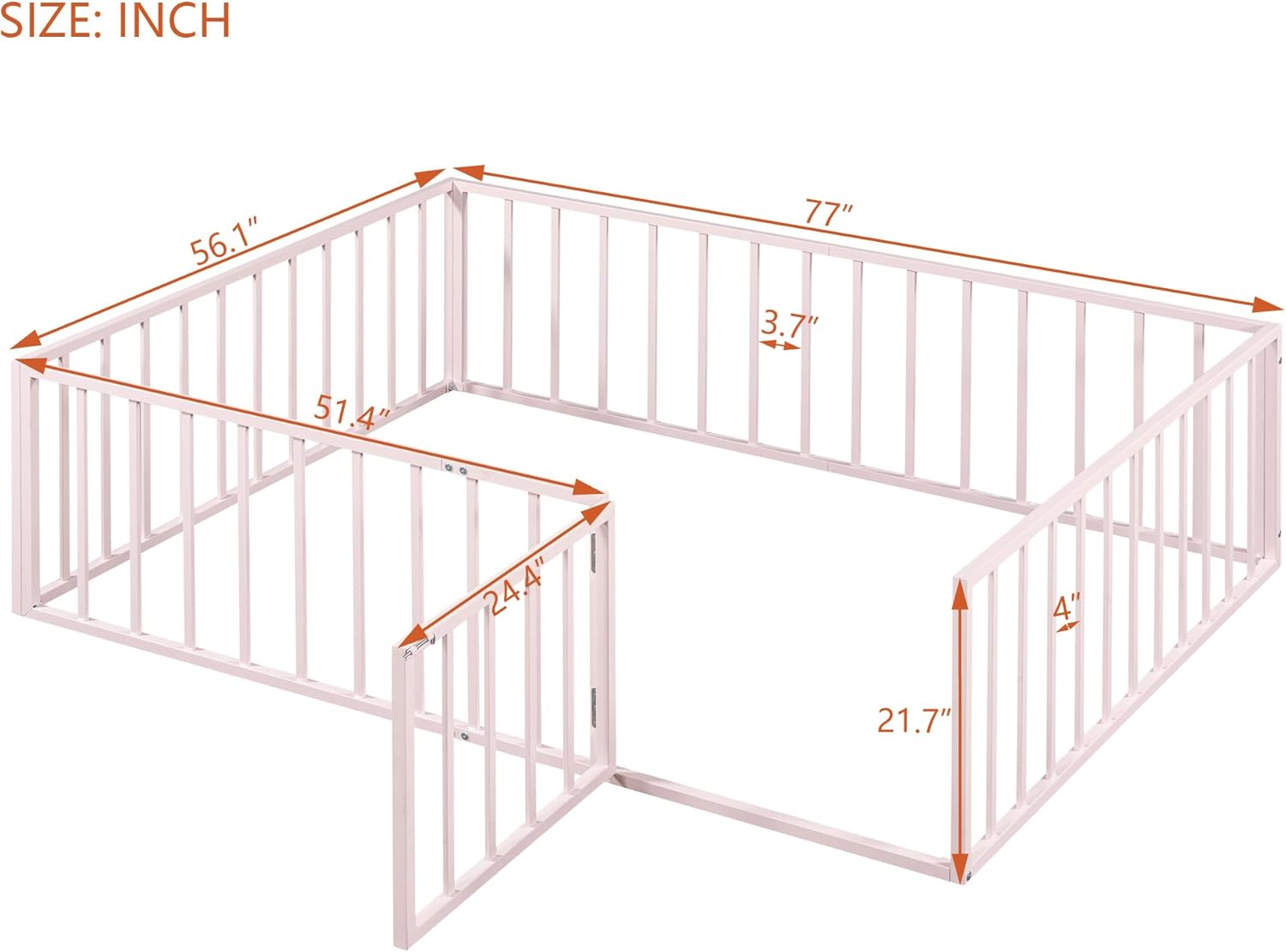 Cama de suelo de tamaño matrimonial para niños, camas Montessori con rieles y puerta, marco de cama de metal con valla para niños y niñas, rosa