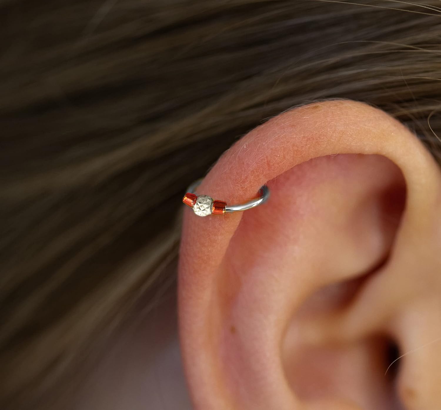 Tiny Beaded Silver Cartilage Helix Earring -Small & Thin 24G 925 Sterling SilverHelix Piercing ring 8mm hoop